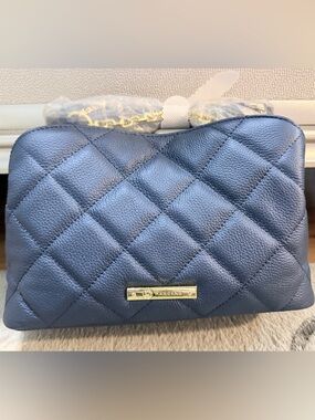 Joy Mangano Quilted Navy Shoulder Bag with Gold Hardware